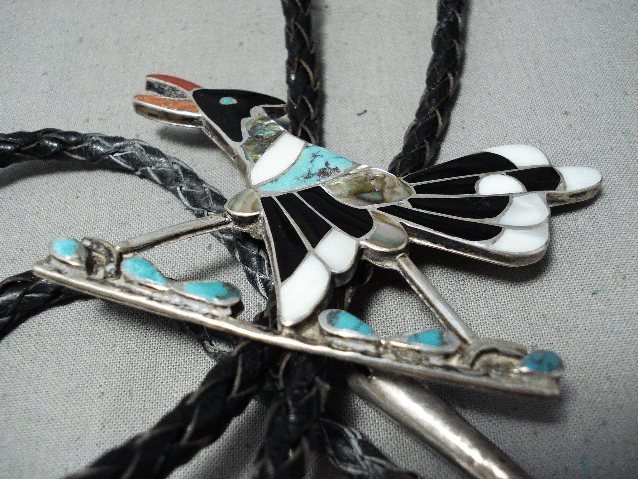 Bolo Tie Roadrunner Design With Turquoise And online Red Coral Stones SSI USA Made