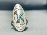 Symbolic Vintage Native American Navajo Turquoise Coral Sterling Silver Inlay Ring Old-Nativo Arts