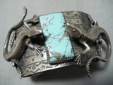 Detailed Double Lizard Sterling Silver Turquoise Bracelet Cuff-Nativo Arts
