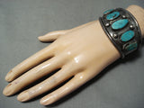 Wide Vintage Native American Navajo Old Morenci Turquoise Sterling Silver Bracelet Old-Nativo Arts
