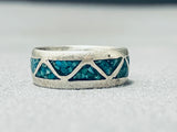 Detailed Vintage Native American Navajo Turquoise Sterling Silver Inlay Ring Old-Nativo Arts