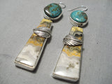 Exceptional Native American Navajo Longer Turquoise Sterling Silver Leaf Jasper Earrings-Nativo Arts