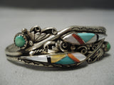 Detailed!! Vintage Native American Navajo Turquoise Inlay Sterling Silver Bracelet Old-Nativo Arts