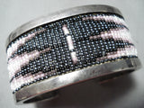 Thick Heavy Detailed Vintage Native American Navajo Hand Beaded Sterling Silver Bracelet-Nativo Arts