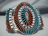 Enormous Native American Zuni Turquoise Coral Needlepoint Sterling Silver Bracelet-Nativo Arts