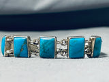 One Of A Kind Native American Navajo Blue Gem Turquoise Squares Sterling Silver Link Bracelet-Nativo Arts