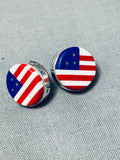 Famous Inlayer Native American Navajo Coral Inlay Sterling Silver American Flag Earrings-Nativo Arts