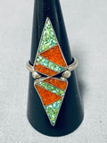 Channel Inlay Vintage Native American Navajo Turquoise Coral Sterling Silver Ring-Nativo Arts