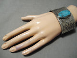 Huge Hand Tooled Native American Navajo Turuqoise Sterling Silver Stamped Bracelet-Nativo Arts