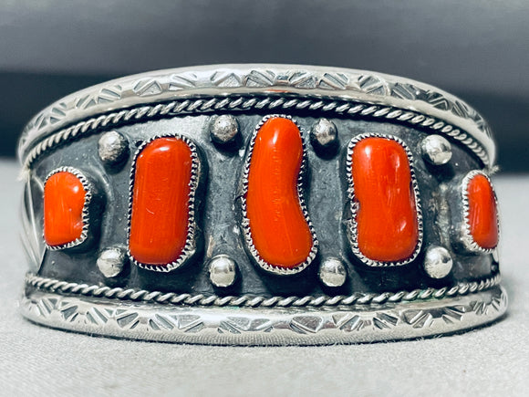 Gasp! Vintage Native American Navajo Coral Chunk Sterling Silver Bracelet Old-Nativo Arts