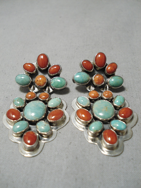 Important Vintage Native American Navajo Nakai Green Turquoise Coral Sterling Silver Earrings-Nativo Arts