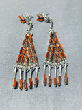 Exquisite Native American Zuni Coral Needlepoint Sterling Silver Earrings-Nativo Arts