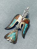 Exceptional Vintage Native American Navajo Turquoise Coral Chip Inlay Sterling Silver Pin-Nativo Arts