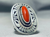 Master Leo Nez Native American Navajo Chunky Coral Sterling Silver Ring-Nativo Arts