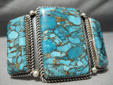 Vivid Huge Vintage Native American Navajo Squared Turquoise Sterling Silver Bracelet Old-Nativo Arts