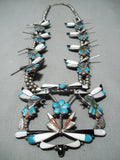 Native American Detailed! Vintage Zuni Turquoise Sterling Silver Squash Blossom Necklace-Nativo Arts