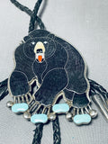 Gigantic Vintage Native American Zuni Blackbear Turquoise Sterling Silver Bolo Tie-Nativo Arts