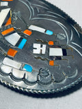 Intricate Heavy Patina Vintage Native American Navajo Turquoise Kachina Sterling Silver Buckle-Nativo Arts
