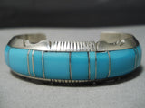Thick Sturdy Vintage Native American Navajo Sky Blue Turquoise Inlay Sterling Silver Bracelet-Nativo Arts