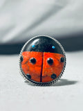 Captivating Native American Navajo Signed Coral Jet Turquoise Sterling Silver Ladybug Ring-Nativo Arts