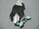 Detail Vintage Zuni Native American Eagle Turquoise Sterling Silver Pin Pendant-Nativo Arts