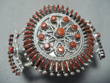 Coral Sun Native American Zuni Coral Needlepoint Sterling Silver Huge Bracelet-Nativo Arts