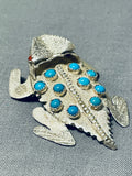 Wilf Begay Native American Navajo Signed Turquoise Coral Sterling Silver Toad Pin Pendant-Nativo Arts