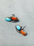 Glorious Vintage Native American Navajo Turquoise Coral Sterling Silver Leaf Earrings-Nativo Arts