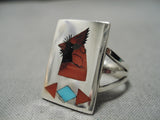 Important Native American Zuni Harlan Coonsis Sterling Silver Coral Turquoise Cardinal Ring-Nativo Arts