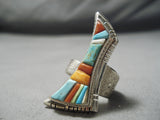 Detailed!! Vintage Native American Navajo Turquoise Inlay Sterling Silver Ring-Nativo Arts