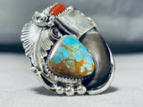 Huge Mens Native American Navajo Turquoisebear Sterling Silver Coral Ring-Nativo Arts