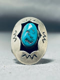 Beautiful Vintage Native American Navajo Morenci Turquoise Sterling Silver Shadowbox Ring-Nativo Arts
