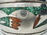 Huge Heavy Hand Tooled Vintage Native American Navajo Green Turquoise Sterling Silver Bracelet-Nativo Arts