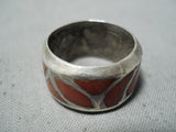 Beautiful Vintage Navajo Native American Coral Inlay Sterling Silver Ring Old-Nativo Arts