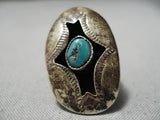 Exceptional Vintage Native American Navajo Turquoise Sterling Silver Shadowbox Ring Old-Nativo Arts