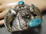 Huge Native American Navajo Bear Sterling Silver Turquoise Bracelet-Nativo Arts