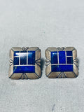 Signed Vintage Native American Navajo Lapis Inlay Sterling Silver Earrings-Nativo Arts
