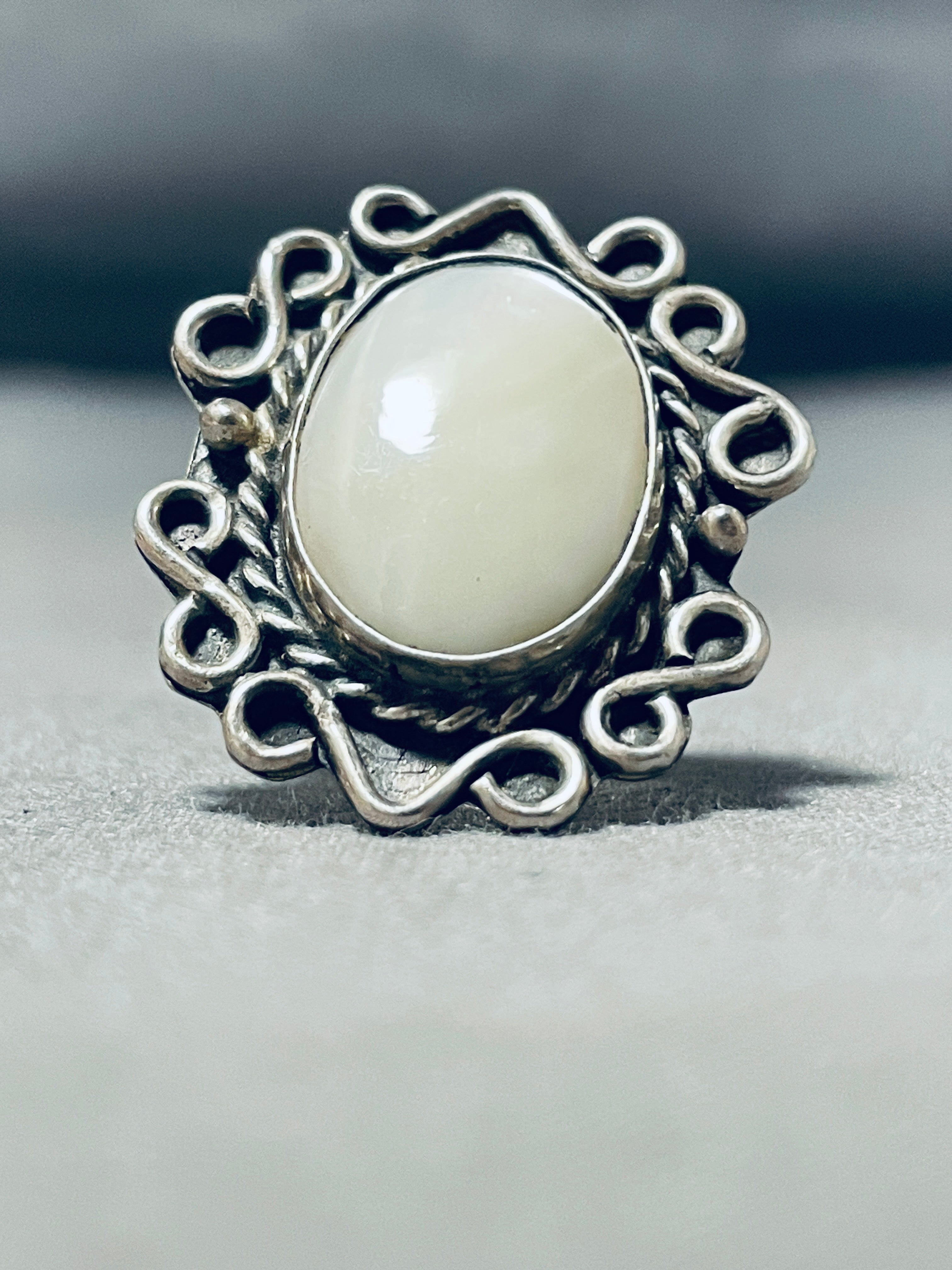 VINTAGE Native American Made Mother of Pearl Ring with Superior Silver Work  Size 7+