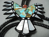 Native American Biggest Best Vintage Santo Domingo Turquoise Inlay Sterling Silver Bolo Tie-Nativo Arts