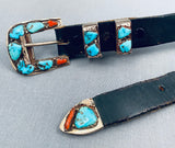 Angelita Cheama Vintage Native American Zuni Morenci Turquoise Coral Sterling Silver Belt-Nativo Arts