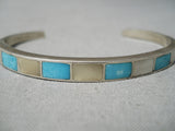 Thick Vintage Native American Zuni Navajo Turquoise Inlaid Sterling Silver Bracelet Old-Nativo Arts