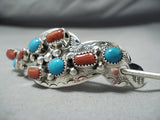 Important Navajo Turquoise Coral Sterling Silver Hairpin Native American-Nativo Arts