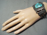 Hefty Thick Vintage Native American Navajo Turquoise Leaf Flank Sterling Silver Bracelet Old-Nativo Arts