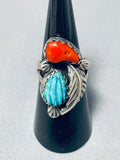Sensational Vintage Native American Zuni Blue Gem Turquoise & Coral Sterling Silver Ring-Nativo Arts