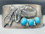 Detailed Wide Vintage Native American Navajo Turquoise Sterling Silver Feather Bracelet-Nativo Arts