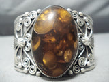Huge Detailed Vintage Native American Navajo Amber Sterling Silver Coil Bracelet Cuff-Nativo Arts