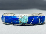 Hypnotic Native American Navajo Signed Inlay Spiderweb Turquoise Lapis Sterling Silver Bracelet-Nativo Arts