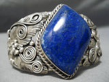 Detailed Heavy Huge Vintage Native American Navajo Lapis Sterling Silver Leaf Bracelet-Nativo Arts