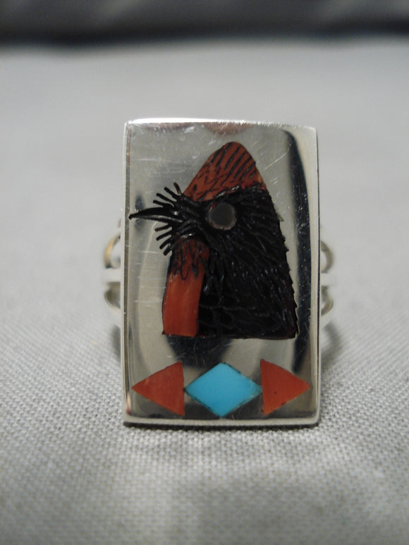 Important Harlan Coonsis Native American Zuni Coral Turquoise Bird Sterling Silver Ring-Nativo Arts