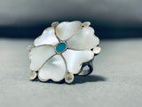Beautiful Vintage Native American Zuni Mother Of Pearl & Blue Gem Turquoise Sterling Silver Ring-Nativo Arts